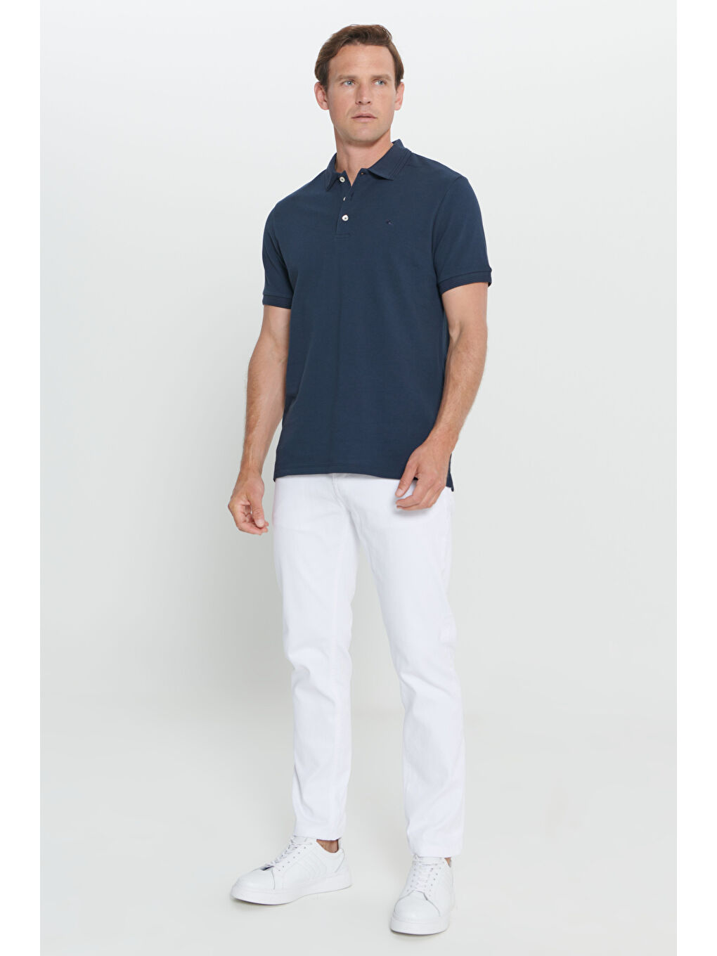 Erkek Lacivert Slim Fit Dar Kesim Polo Yaka %100 Pamuk Kısa Kollu Tişört-1