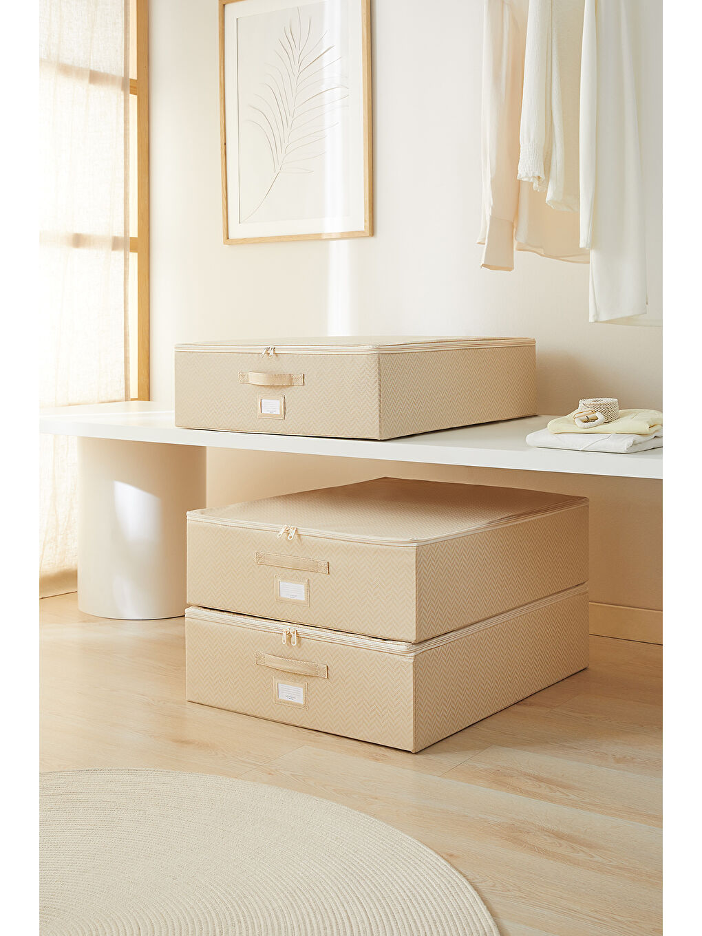 3'lü Büyük Boy Bej Balıksırtı Destekli Hurç Set 55 x 70 x 18 cm