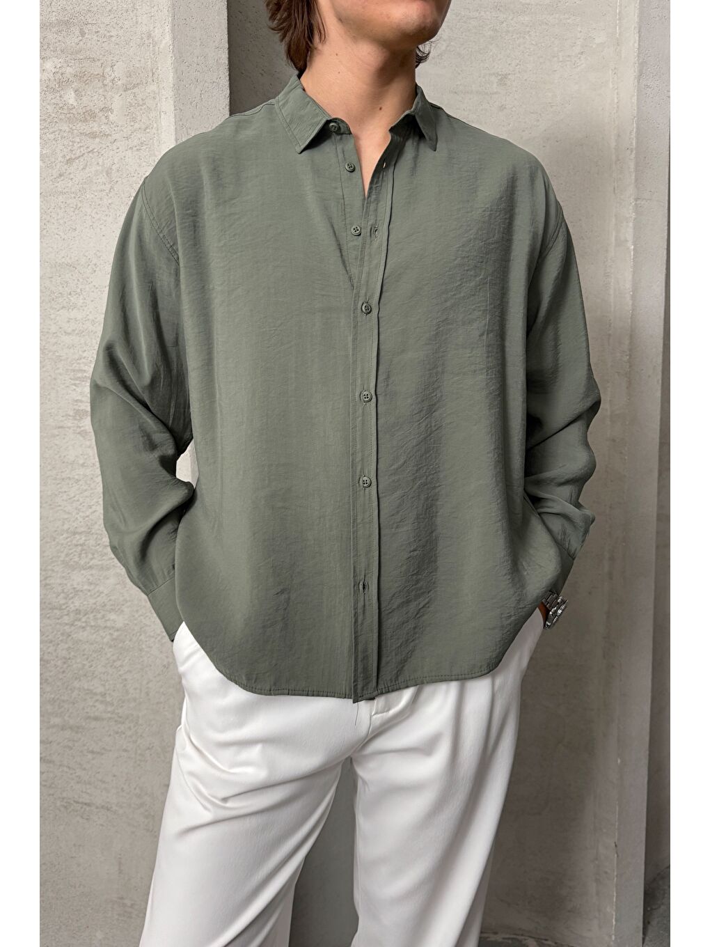 Haki Erkek Oversize Modal Gömlek