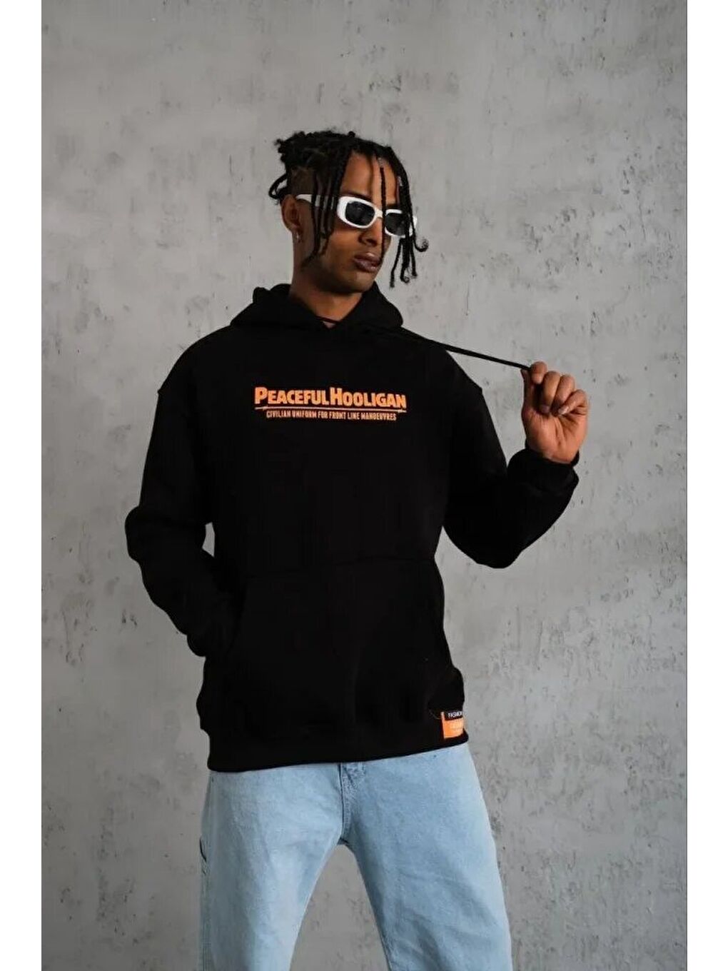 Erkek Armalı Baskılı Kapüşonlu Sweatshirt - Siyah-1