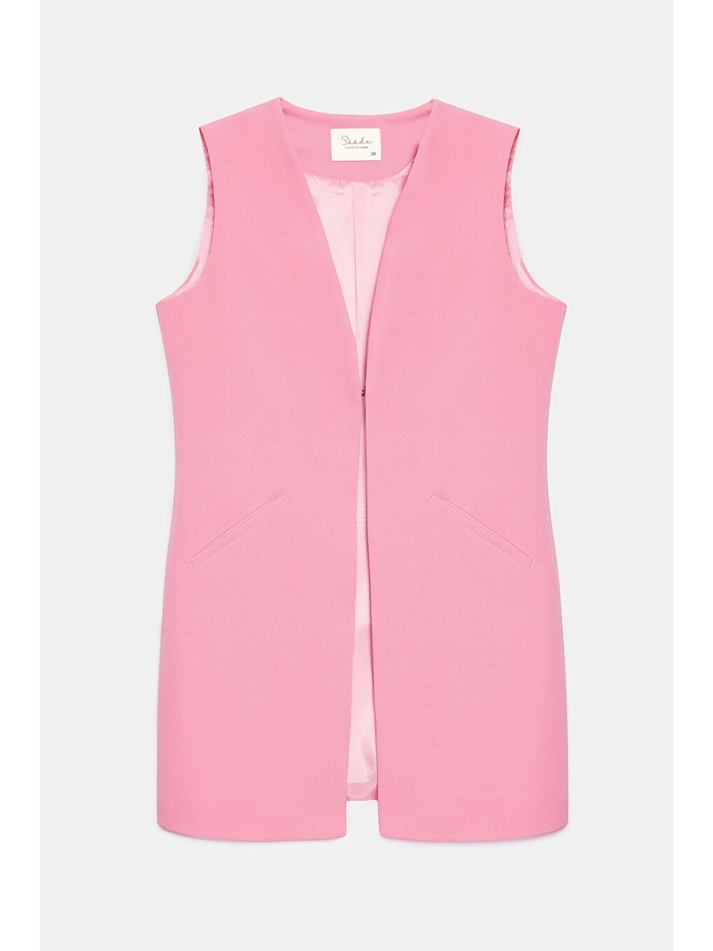 Pembe Kadın V Yaka Agraf Kapama Rahat Kesim Cepli Dokuma Uzun Yelek