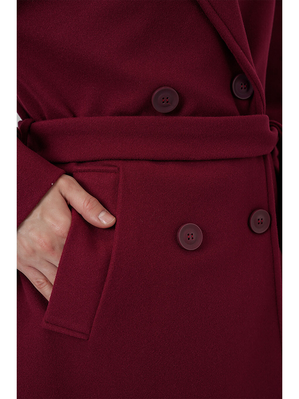 Kadın Kuşaklı Kaşe Kaban 9161 - Kırmızı-4