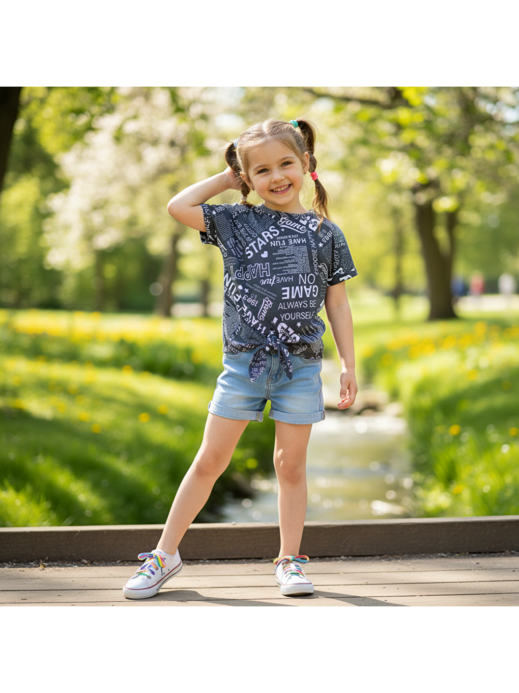 Siyah Çocuk Bağlama Detaylı Crop Tshirt Cb1021-3