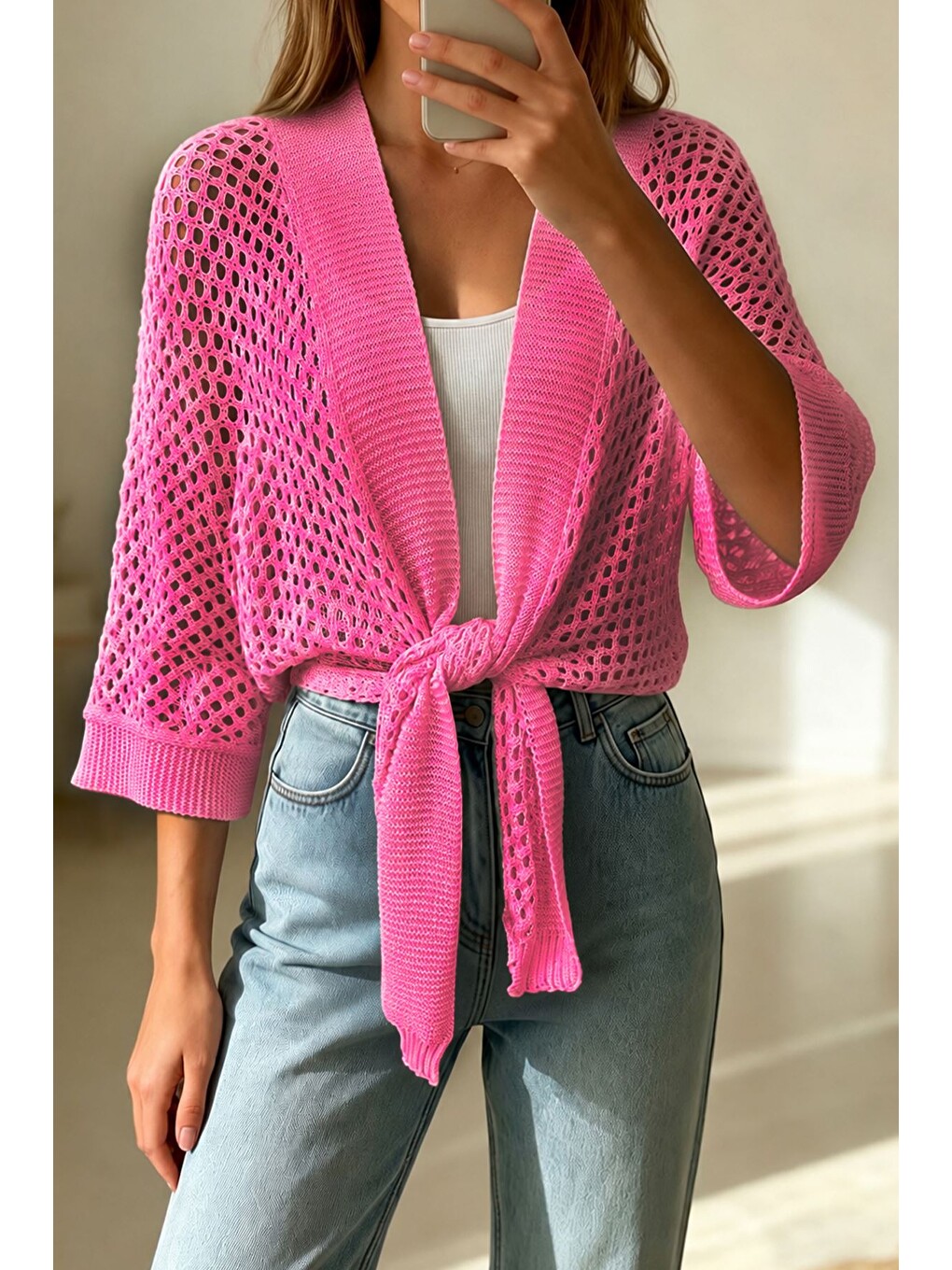 Pembe Ajurlu Ön Bağlamalı Triko Hırka-1