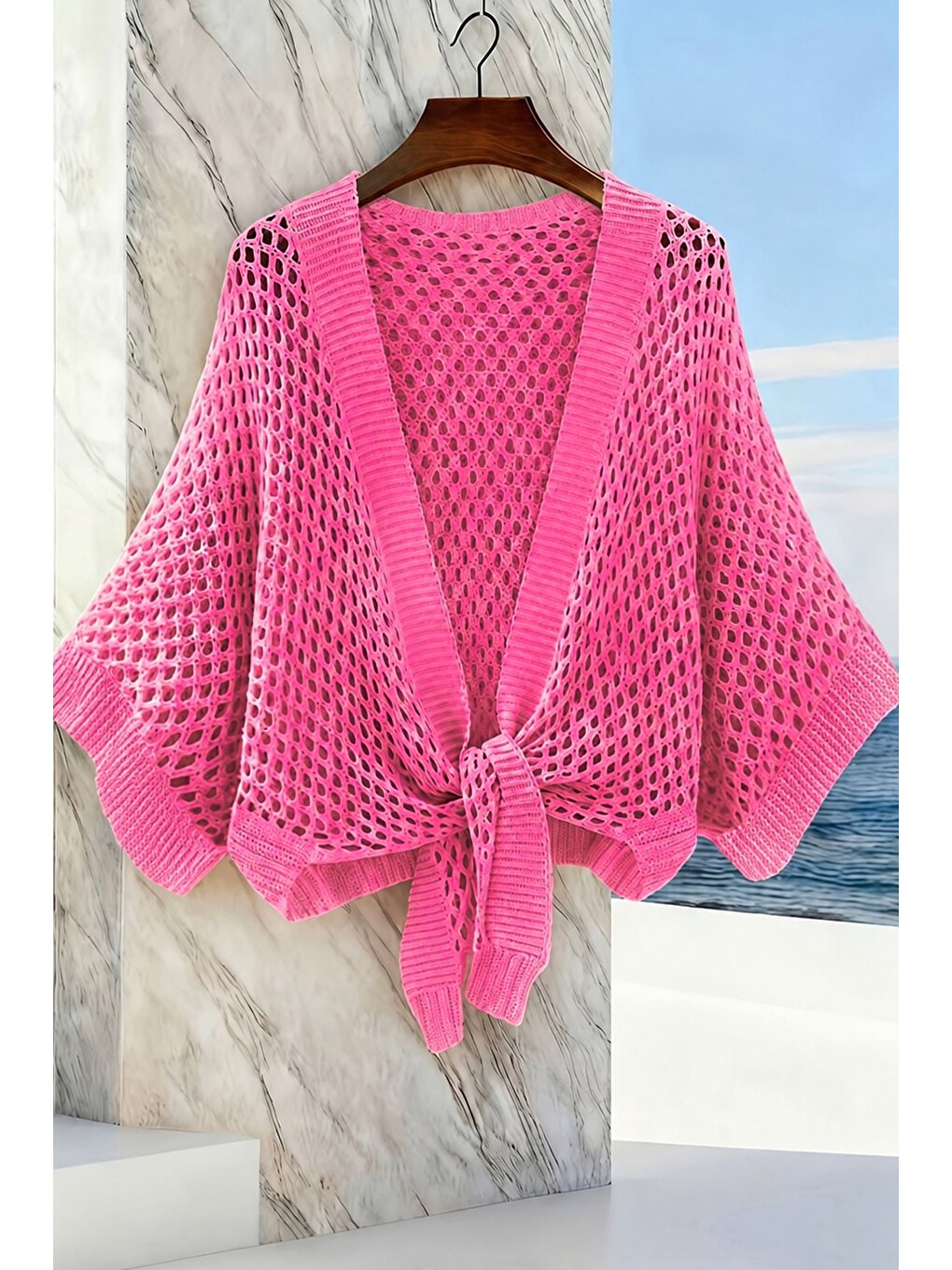 Pembe Ajurlu Ön Bağlamalı Triko Hırka-2