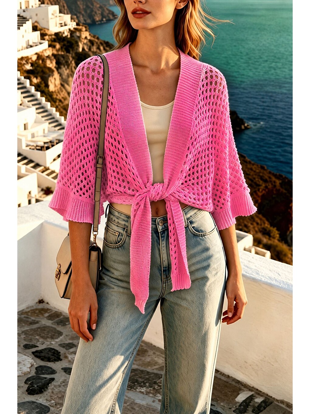 Pembe Ajurlu Ön Bağlamalı Triko Hırka-3
