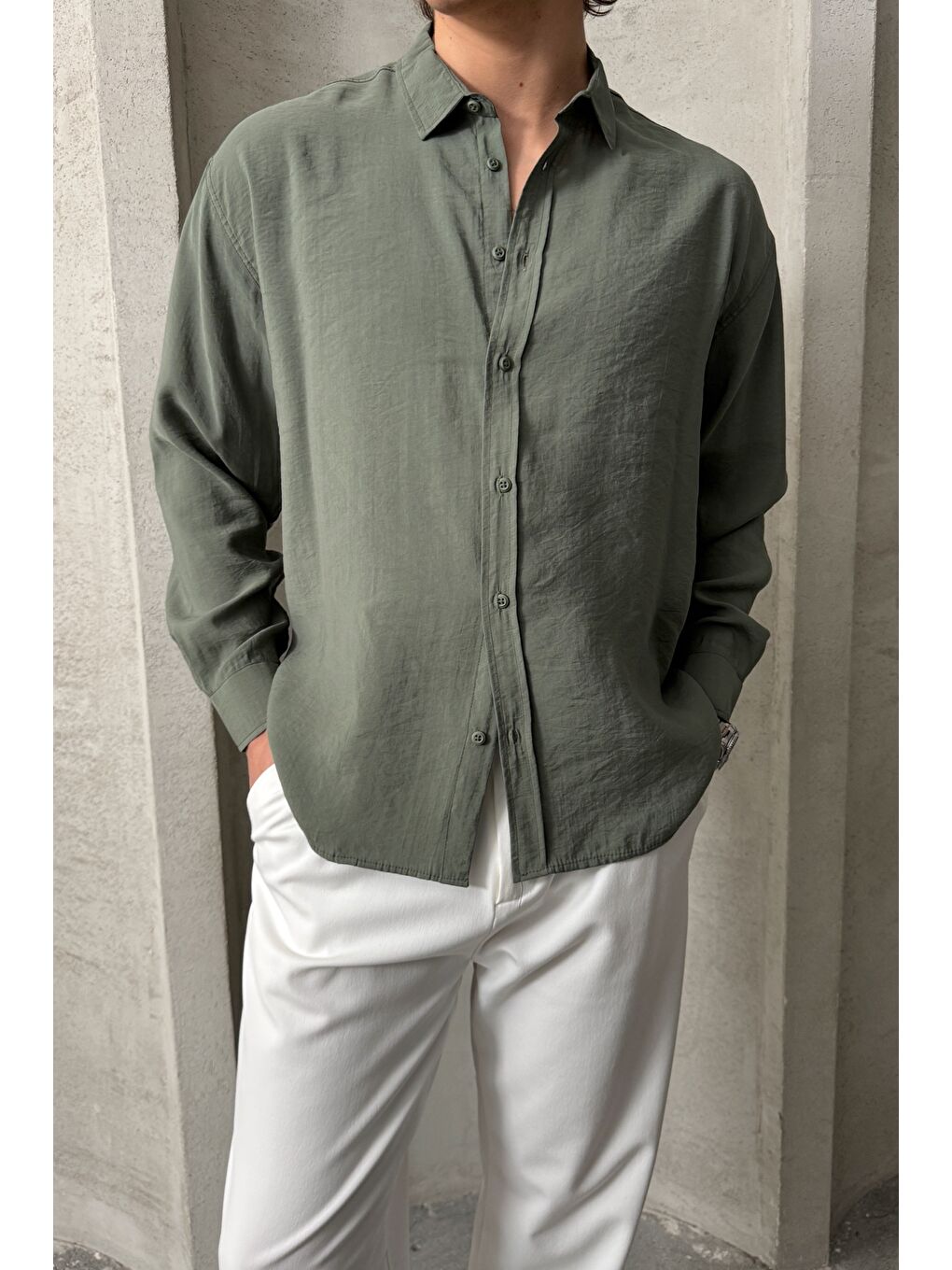 Haki Erkek Oversize Modal Gömlek-1