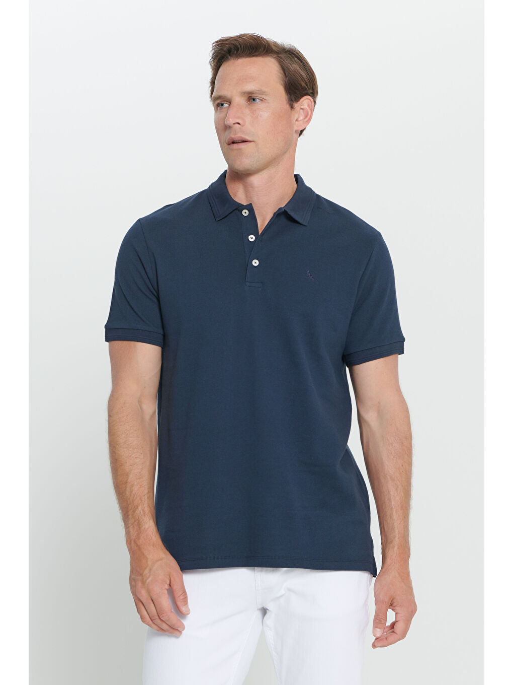 Erkek Lacivert Slim Fit Dar Kesim Polo Yaka %100 Pamuk Kısa Kollu Tişört-2