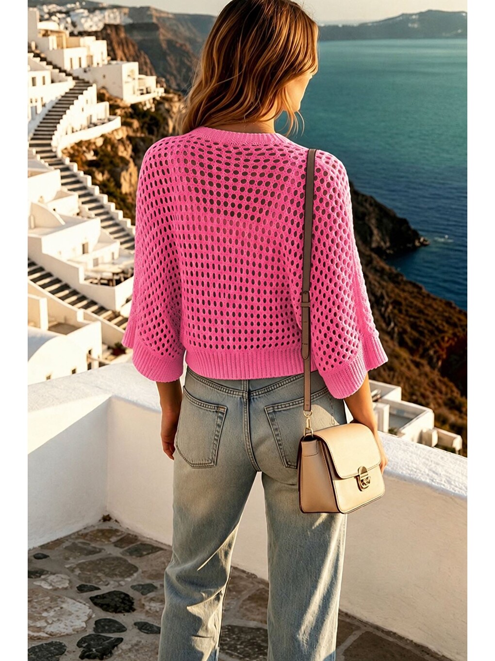 Pembe Ajurlu Ön Bağlamalı Triko Hırka-5