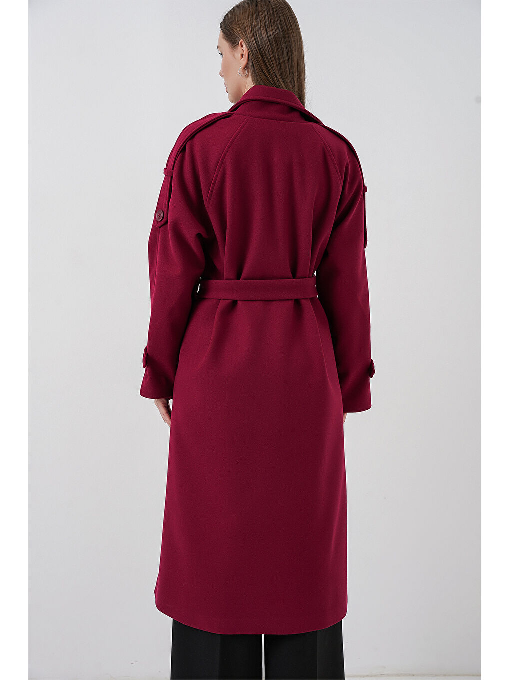 Kadın Kuşaklı Kaşe Kaban 9161 - Kırmızı-5