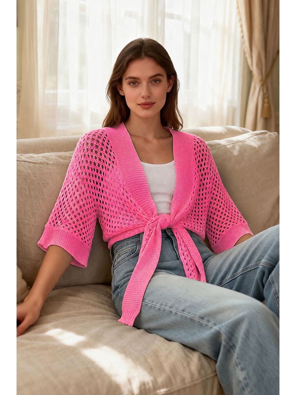 Pembe Ajurlu Ön Bağlamalı Triko Hırka-6