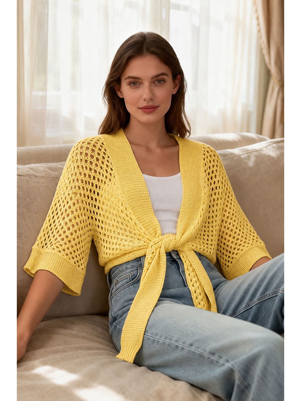 Sarı Ajurlu Ön Bağlamalı Triko Hırka-3