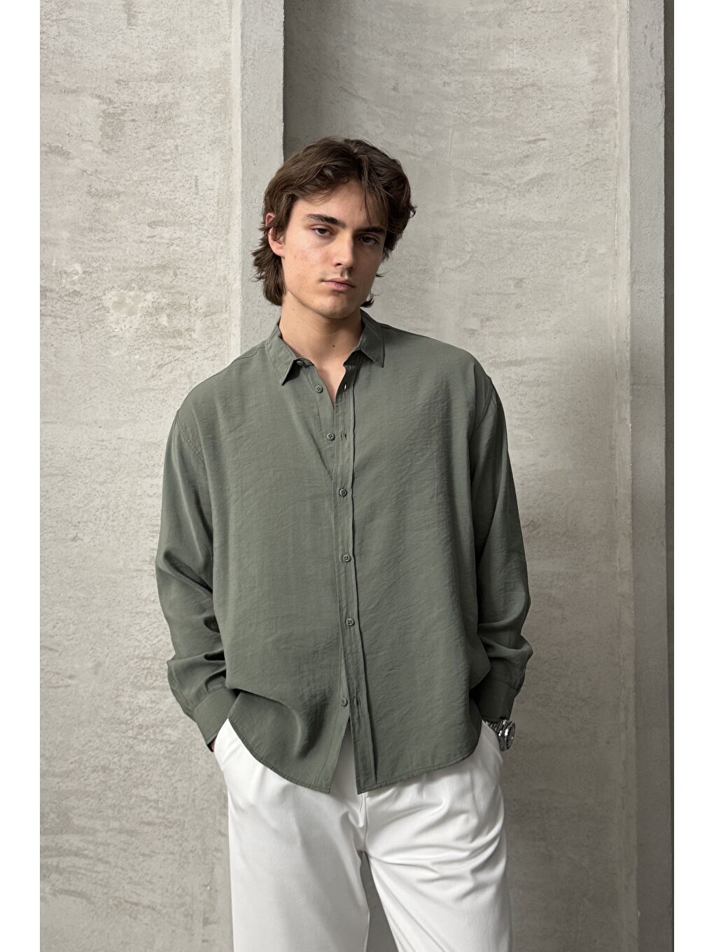 Haki Erkek Oversize Modal Gömlek-3