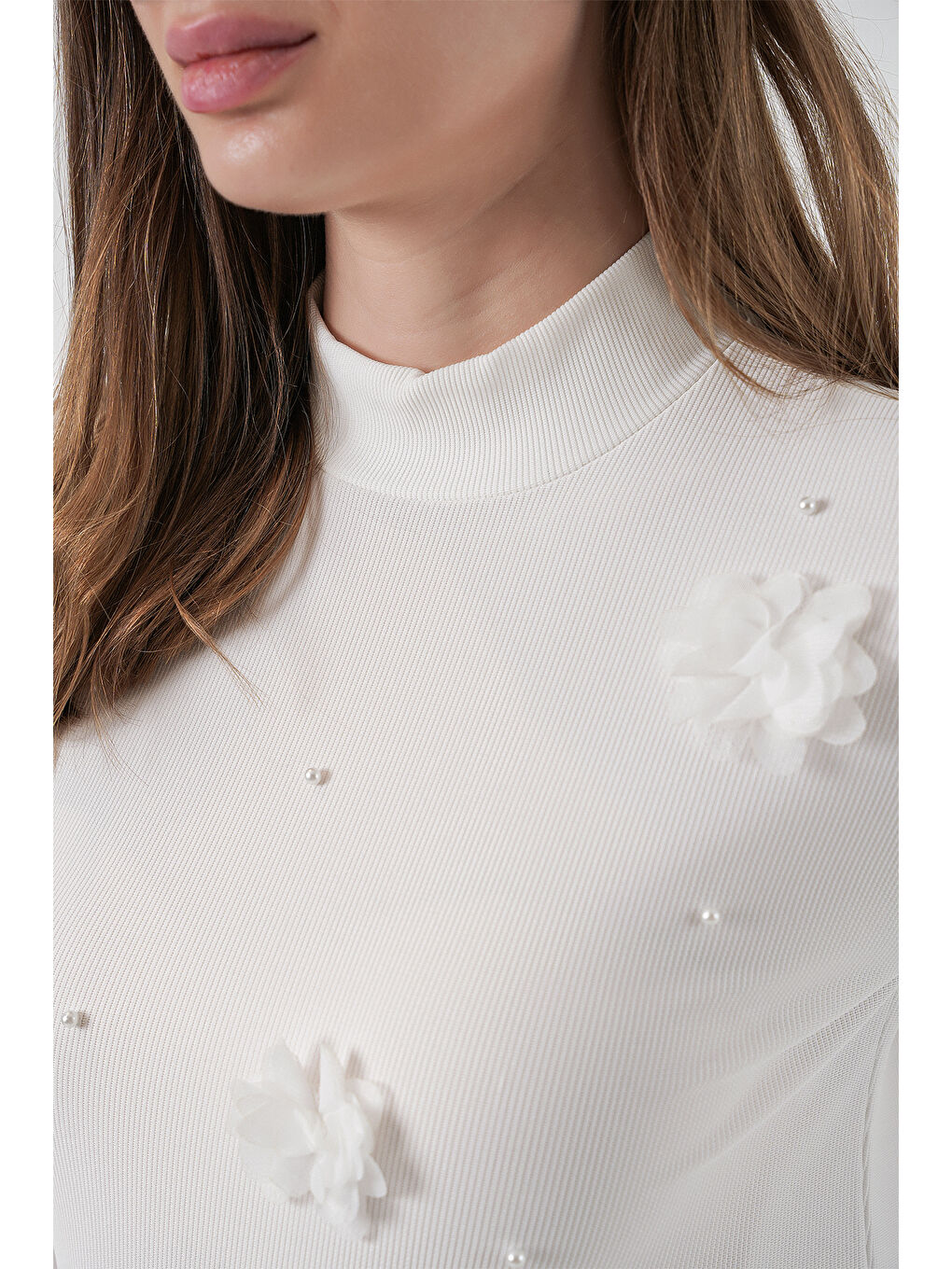 Kadın Çiçekli Örme Bluz 978 - Beyaz-4