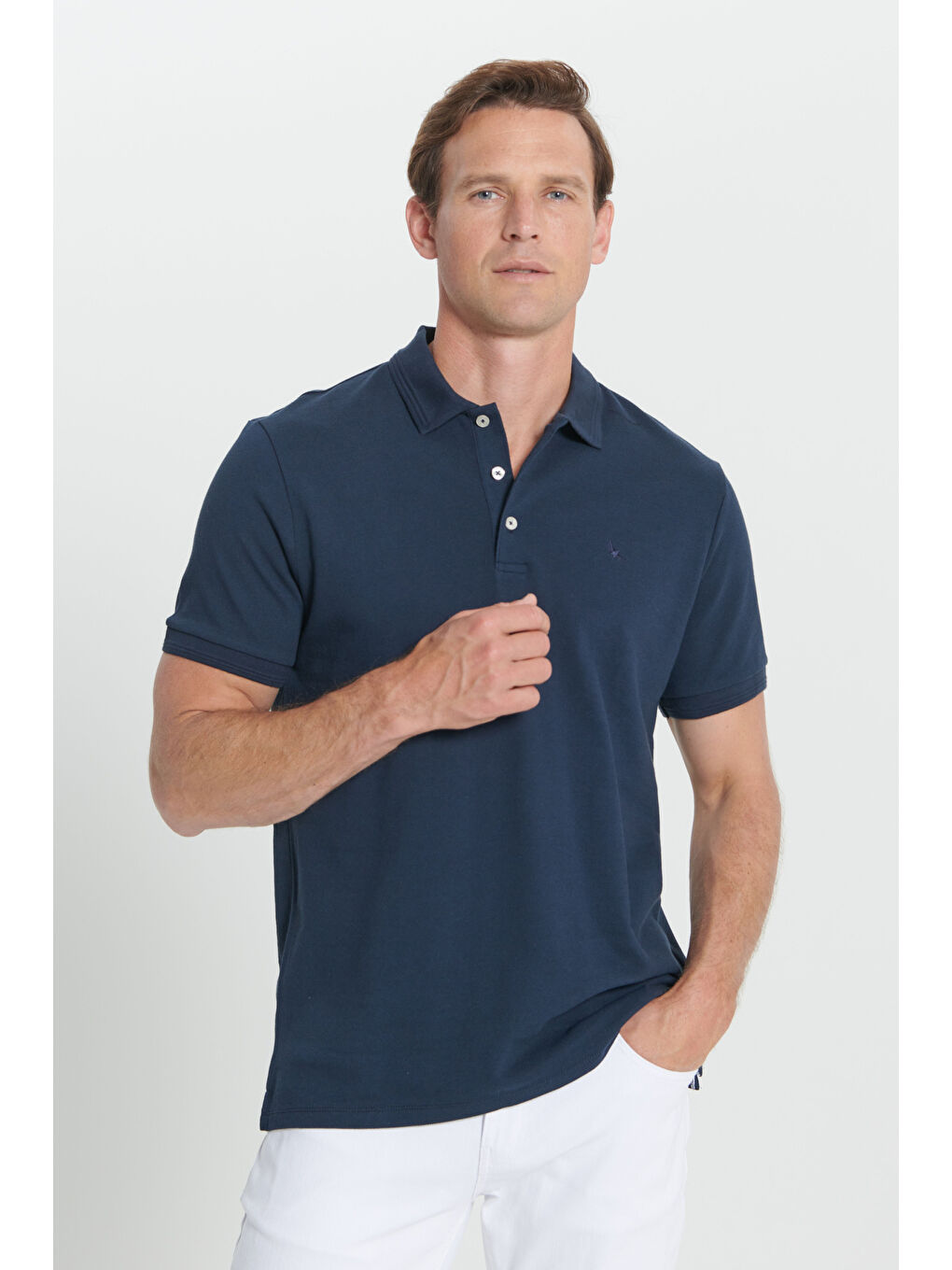 Erkek Lacivert Slim Fit Dar Kesim Polo Yaka %100 Pamuk Kısa Kollu Tişört-3