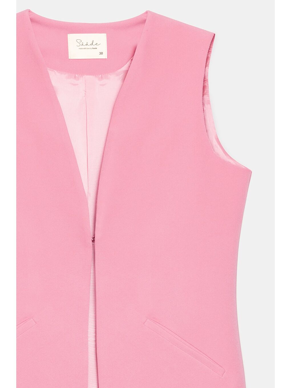 Pembe Kadın V Yaka Agraf Kapama Rahat Kesim Cepli Dokuma Uzun Yelek-1