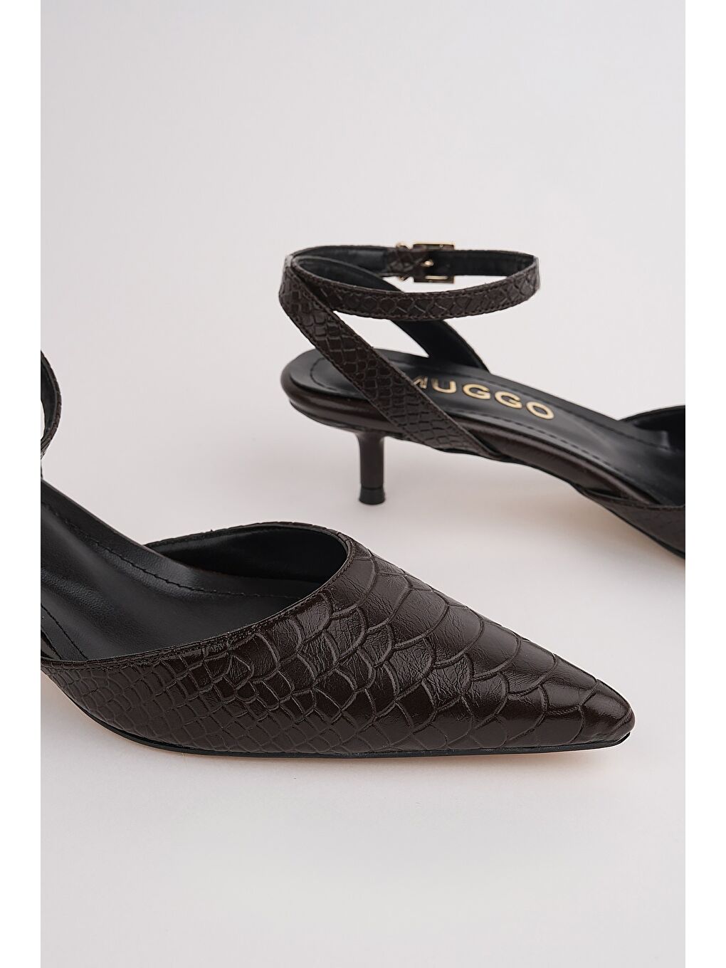 Kahverengi KİCK Kadın Kroko Desenli Sivri Burun İnce Topuklu Bilekten Bağlamalı Ayakkabı-6