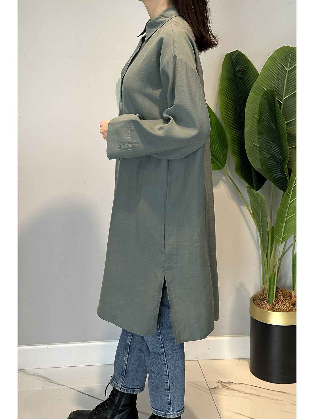 Lyocell Oversize Uzun Gömlek Tunik 7488 Haki-1