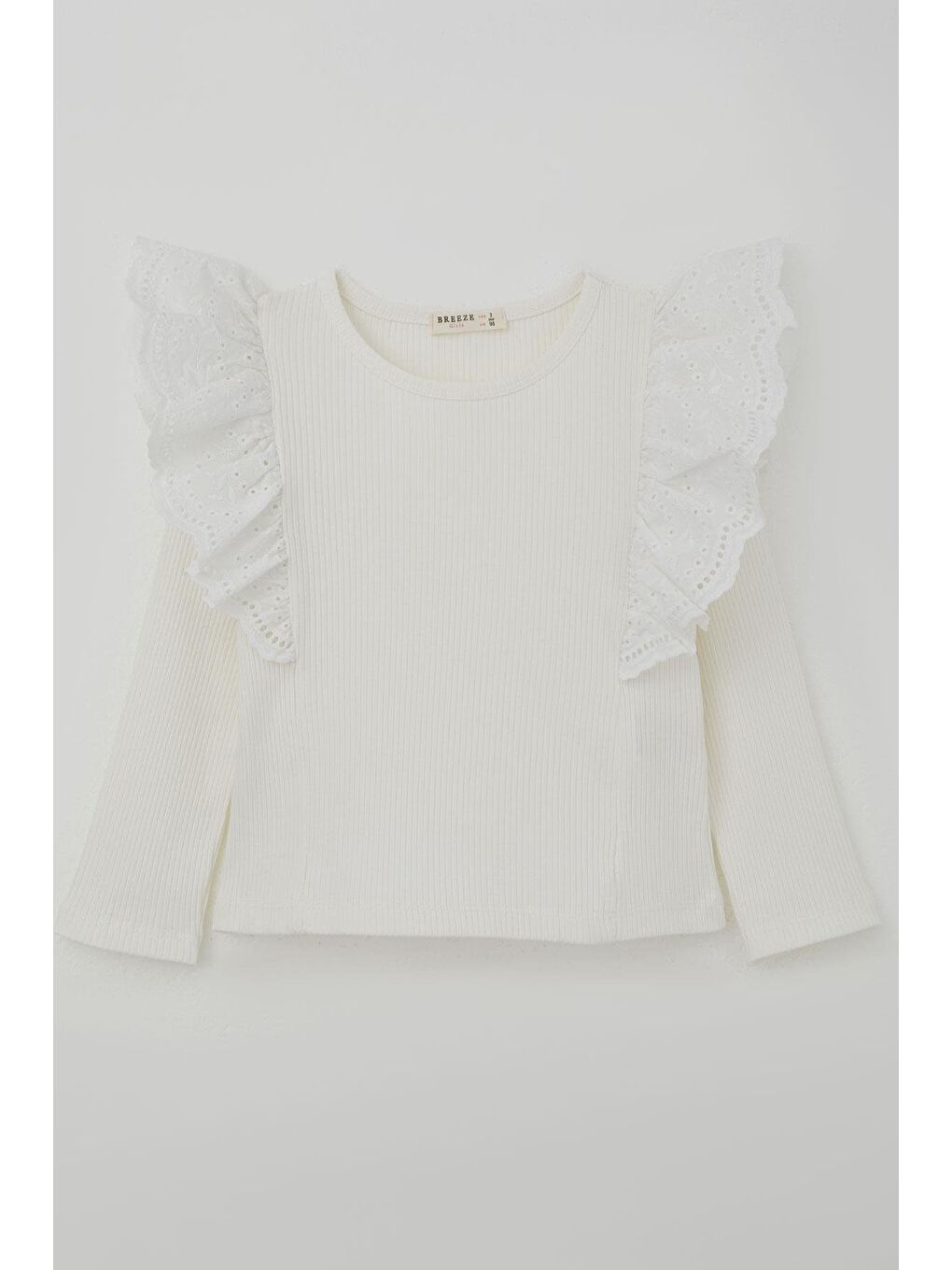 Kız Çocuk Uzun Kollu Tişört Omuzu Çiçek Nakışlı Güpür Detaylı Ekru (3-6 Yaş)