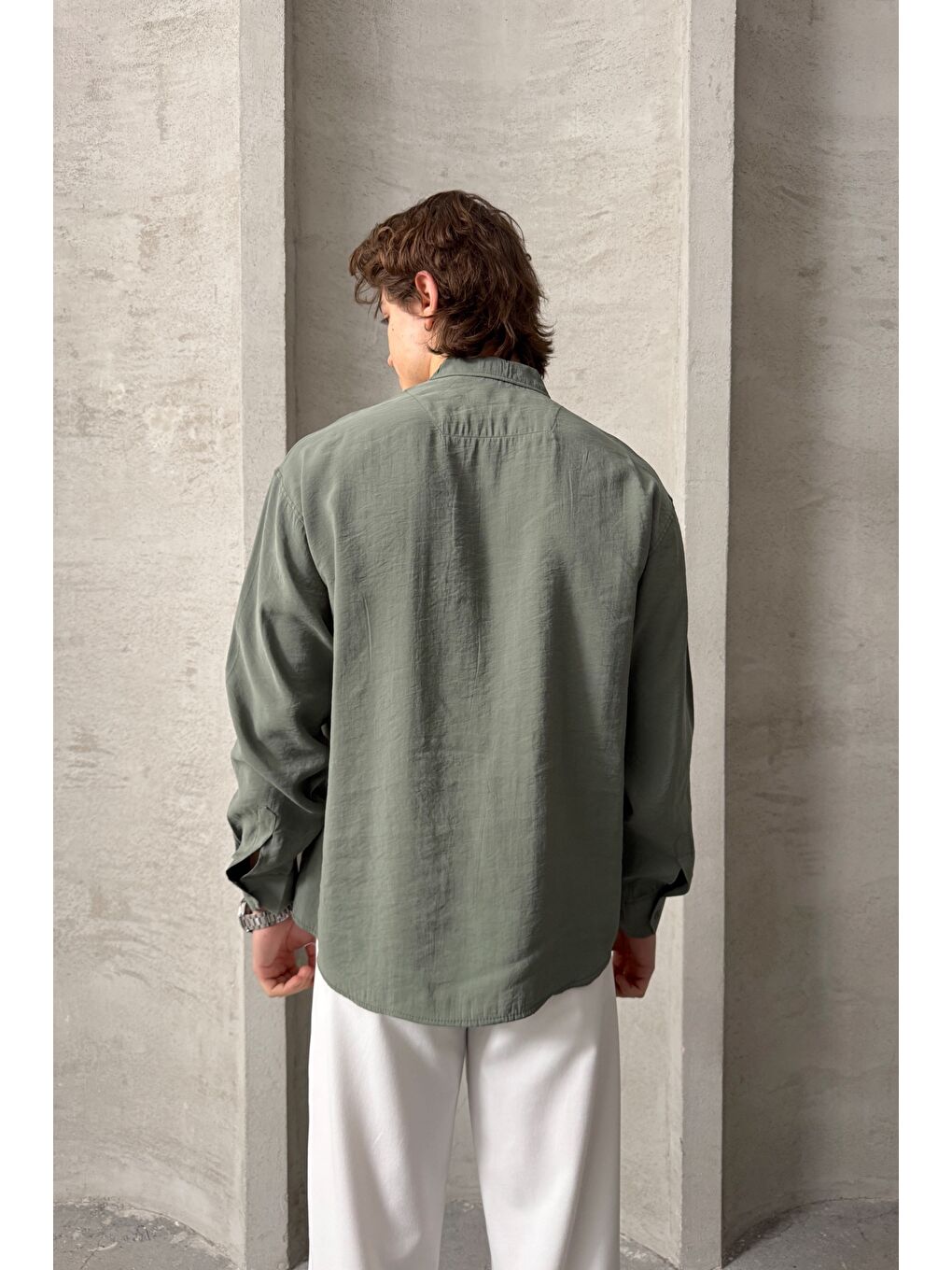 Haki Erkek Oversize Modal Gömlek-4