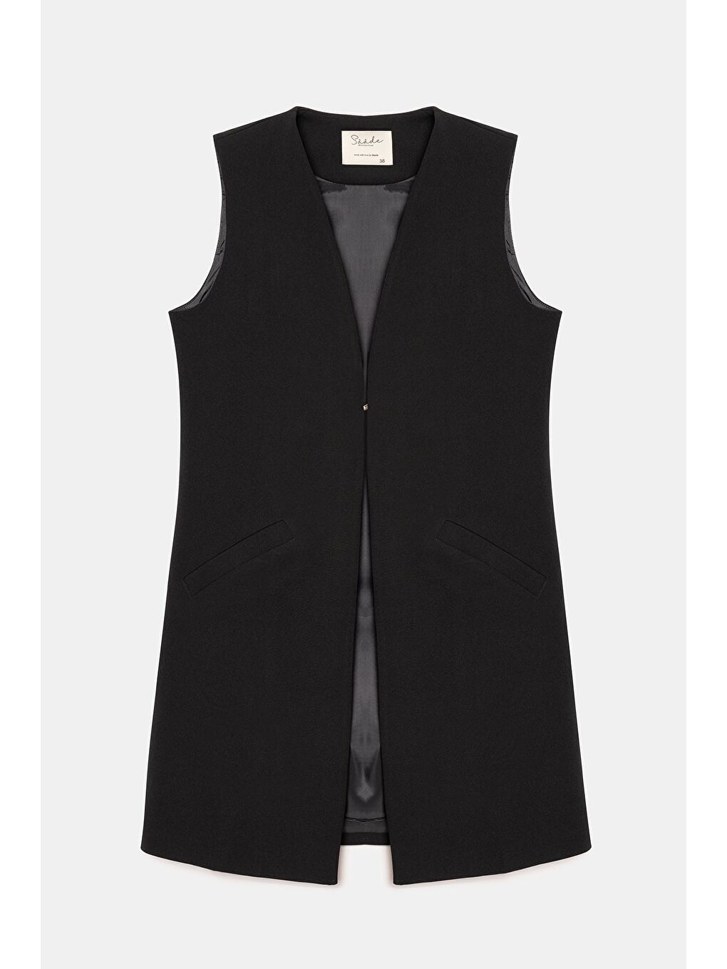 Siyah Kadın V Yaka Agraf Kapama Rahat Kesim Cepli Dokuma Uzun Yelek