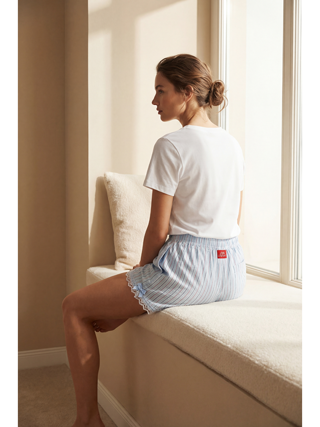 Kadın Mediterranean Kiraz Desenli Şortlu Pijama Takımı Beyaz-1