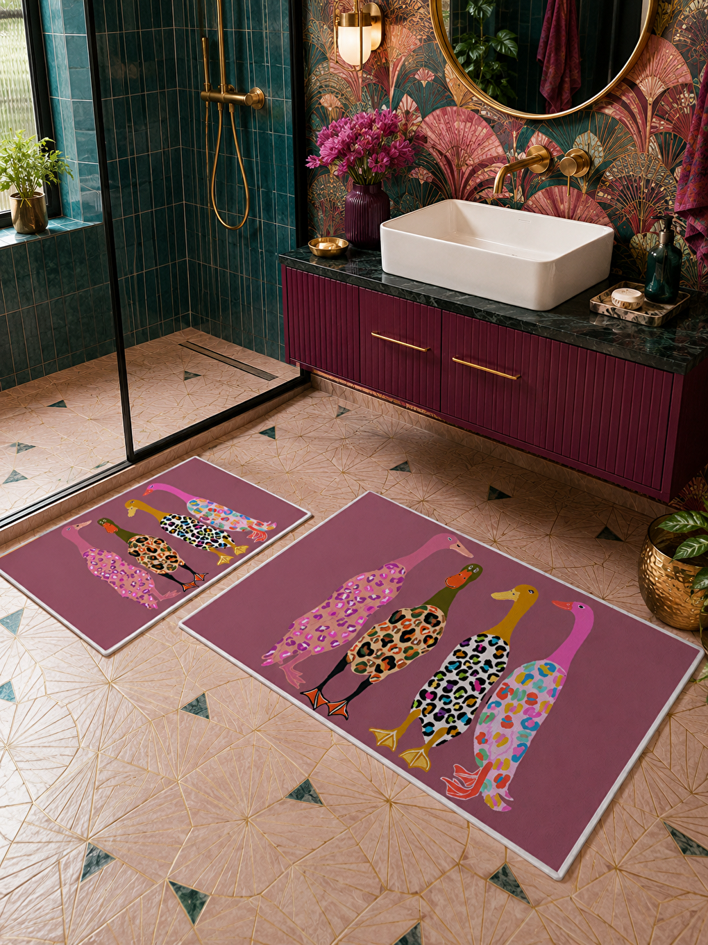 Pembe Leopar Kadın Figürlü Kaymaz Taban Banyo Paspası 2’li Set Dekoratif Banyo Halısı-4