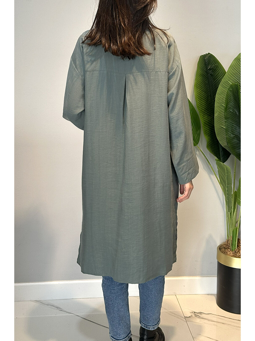 Lyocell Oversize Uzun Gömlek Tunik 7488 Haki-2