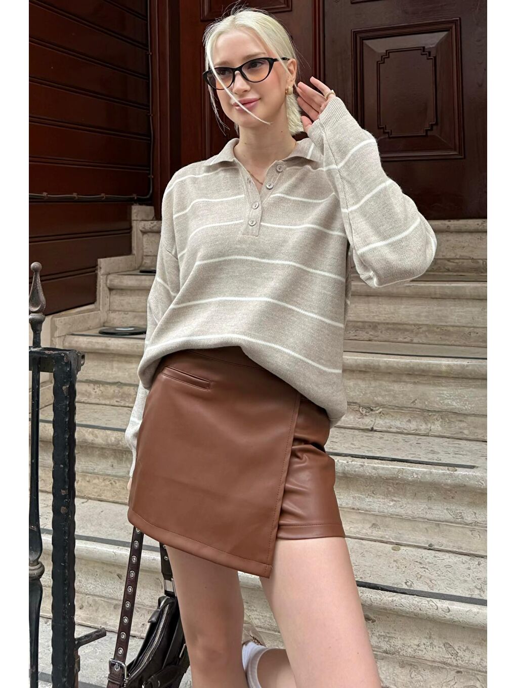 Bej Çizgili Polo Yaka Kadın Triko Kazak Mg2470-3