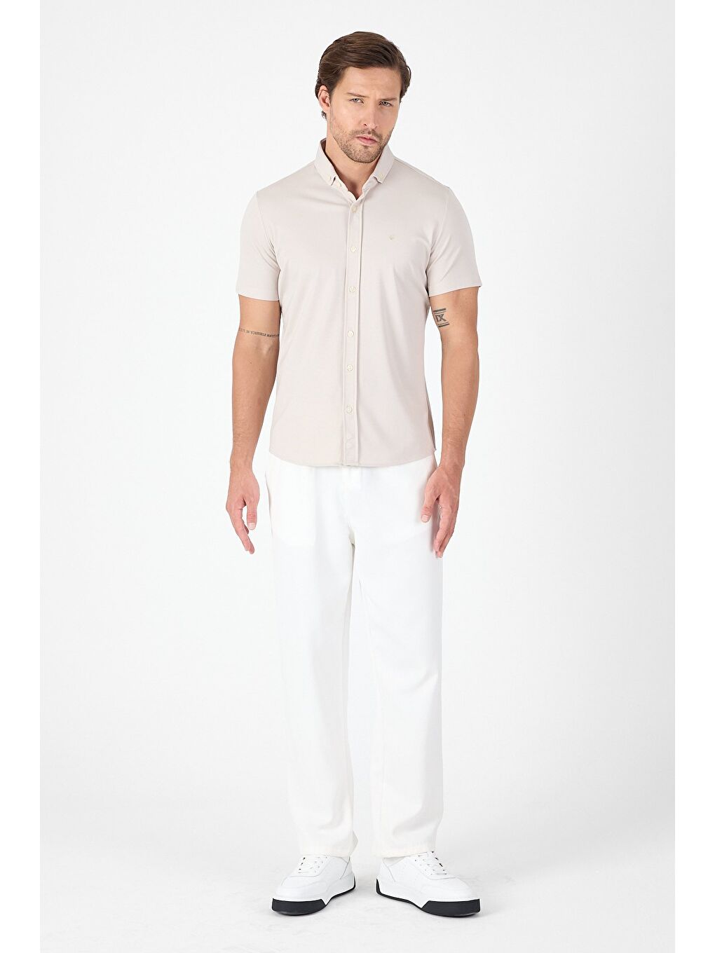 Gri Kısa Kol Düğmeli Yaka Cepsiz Performans Ürün Slim Fit Büyük Beden Gömlek 1004250256-4