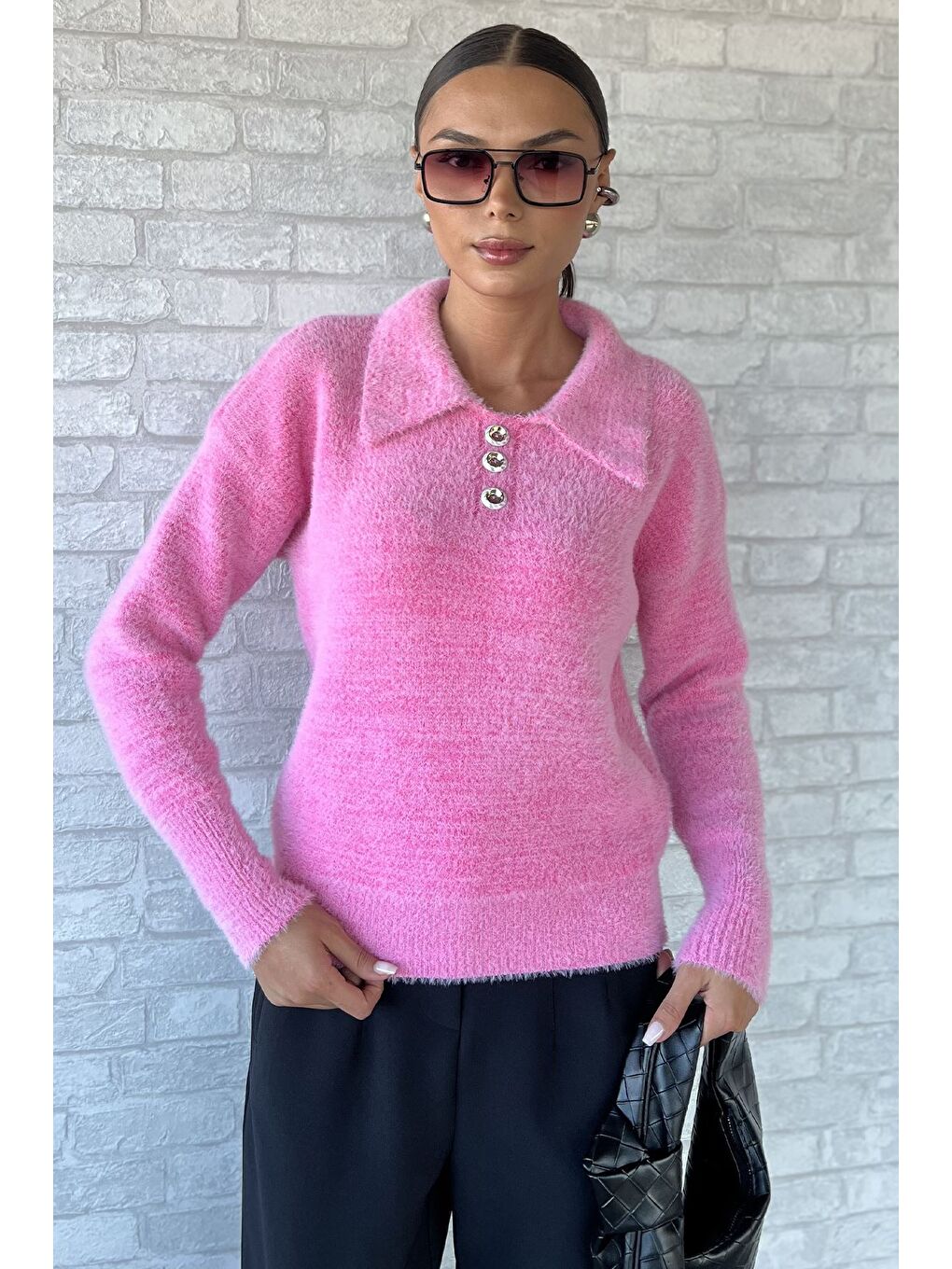 Pembe Gömlek Yaka Düğmeli Şardonlu Triko Kazak (s,m,l,xl Uyumludur)