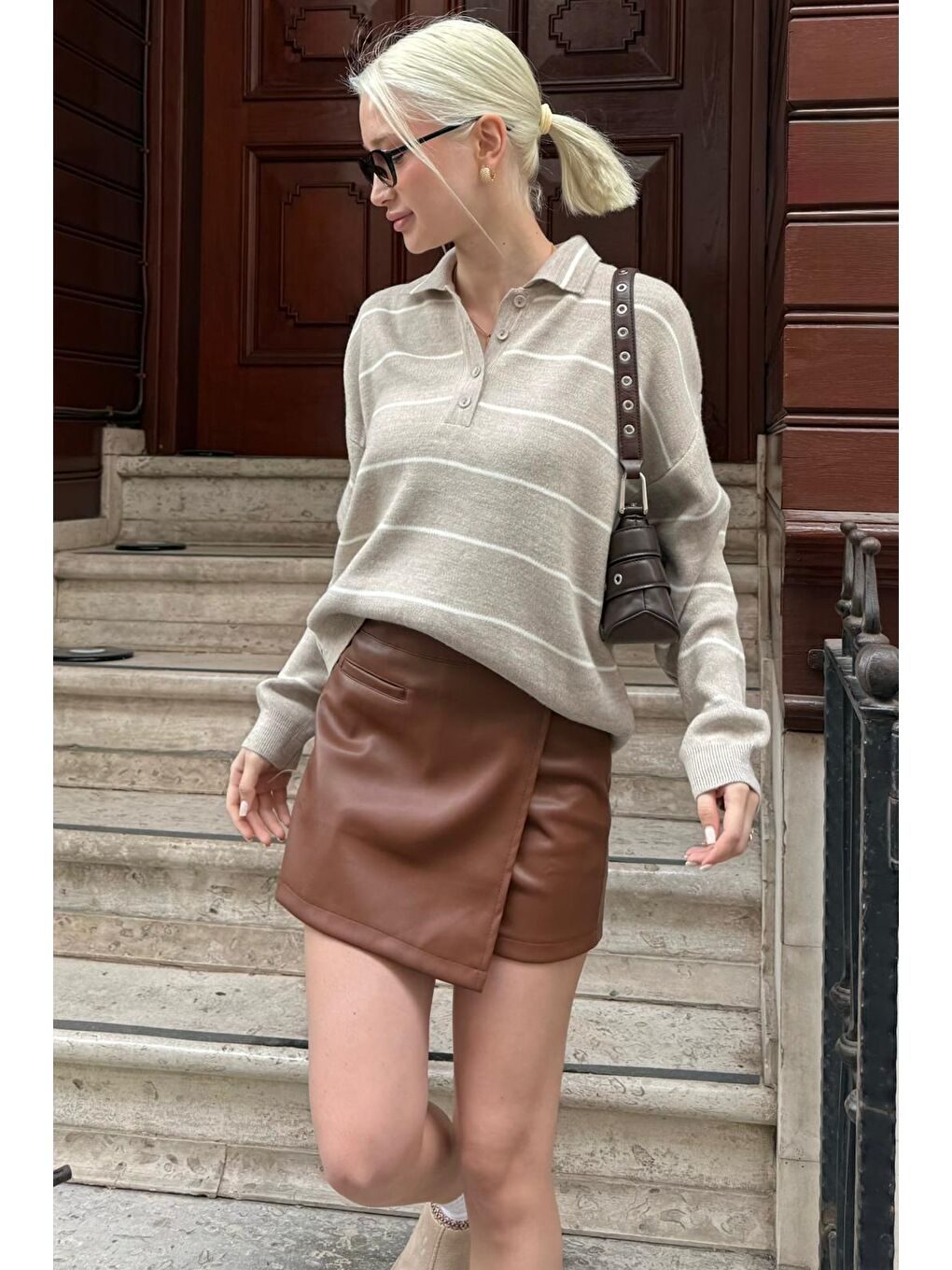 Bej Çizgili Polo Yaka Kadın Triko Kazak Mg2470-4