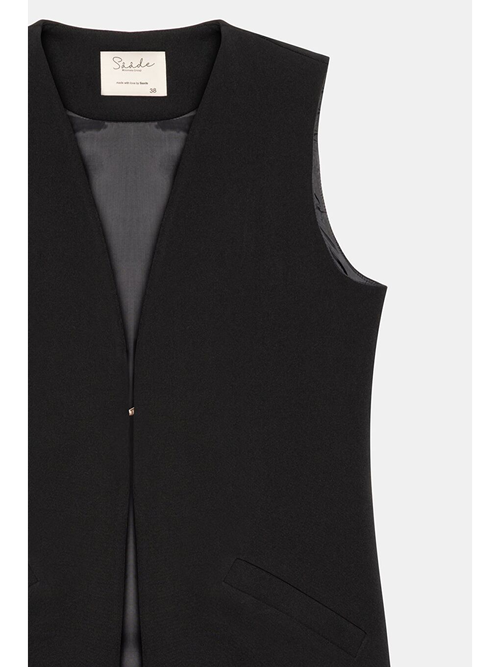 Siyah Kadın V Yaka Agraf Kapama Rahat Kesim Cepli Dokuma Uzun Yelek-1