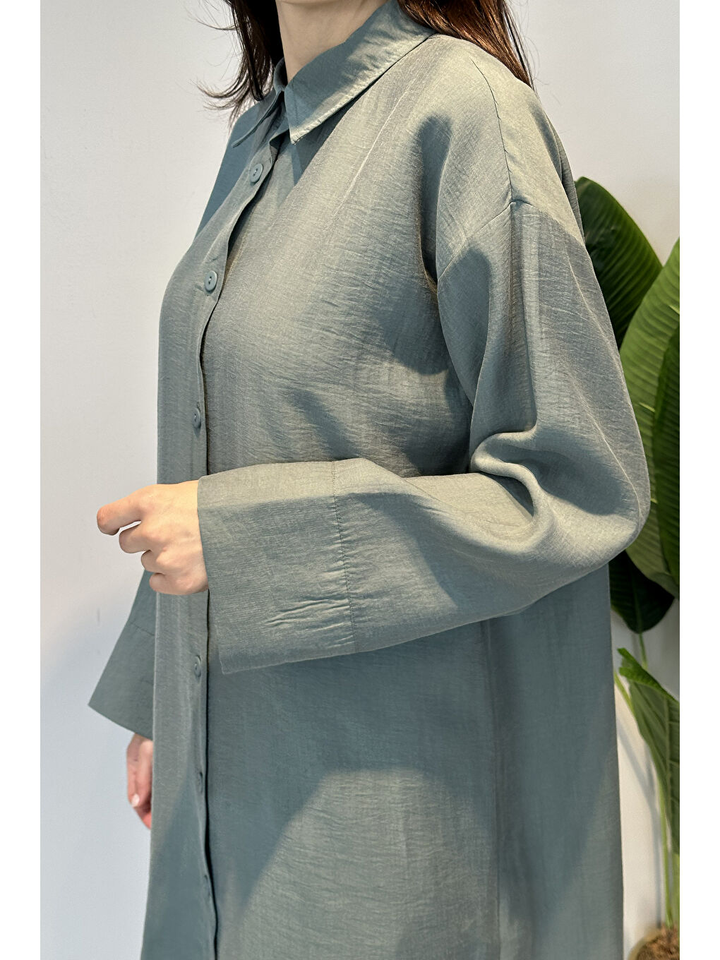 Lyocell Oversize Uzun Gömlek Tunik 7488 Haki-3