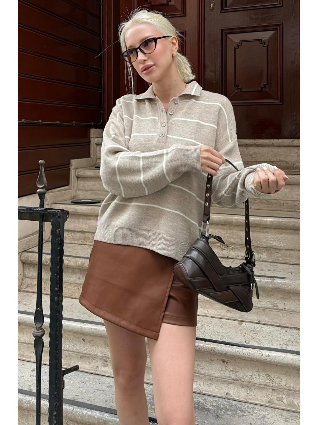 Bej Çizgili Polo Yaka Kadın Triko Kazak Mg2470-5