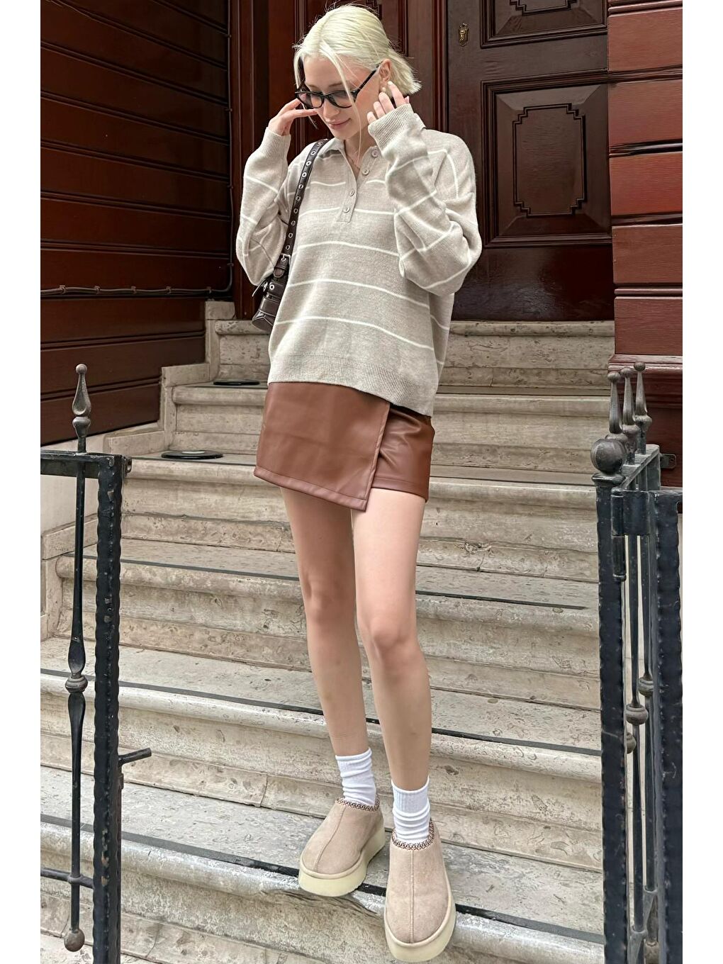 Bej Çizgili Polo Yaka Kadın Triko Kazak Mg2470-6