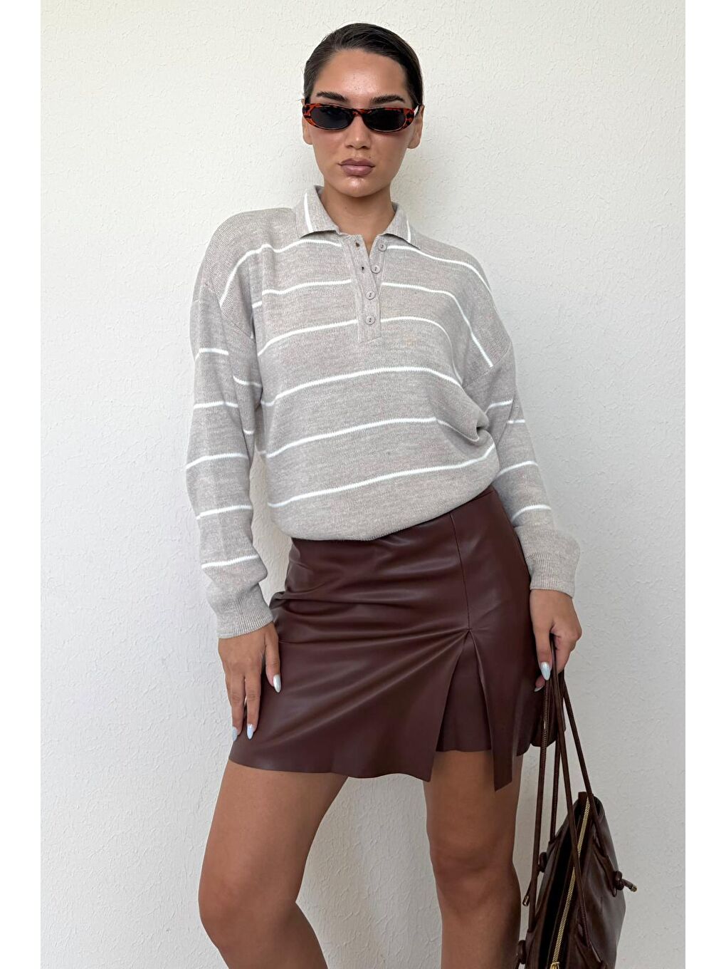 Bej Çizgili Polo Yaka Kadın Triko Kazak Mg2470-7