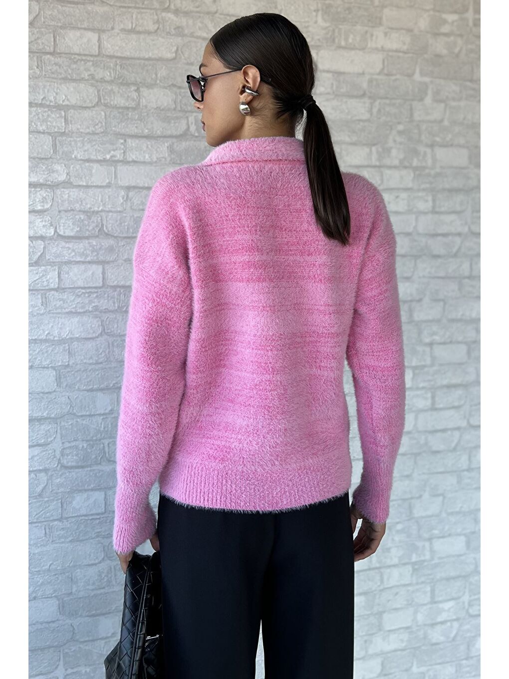 Pembe Gömlek Yaka Düğmeli Şardonlu Triko Kazak (s,m,l,xl Uyumludur)-2