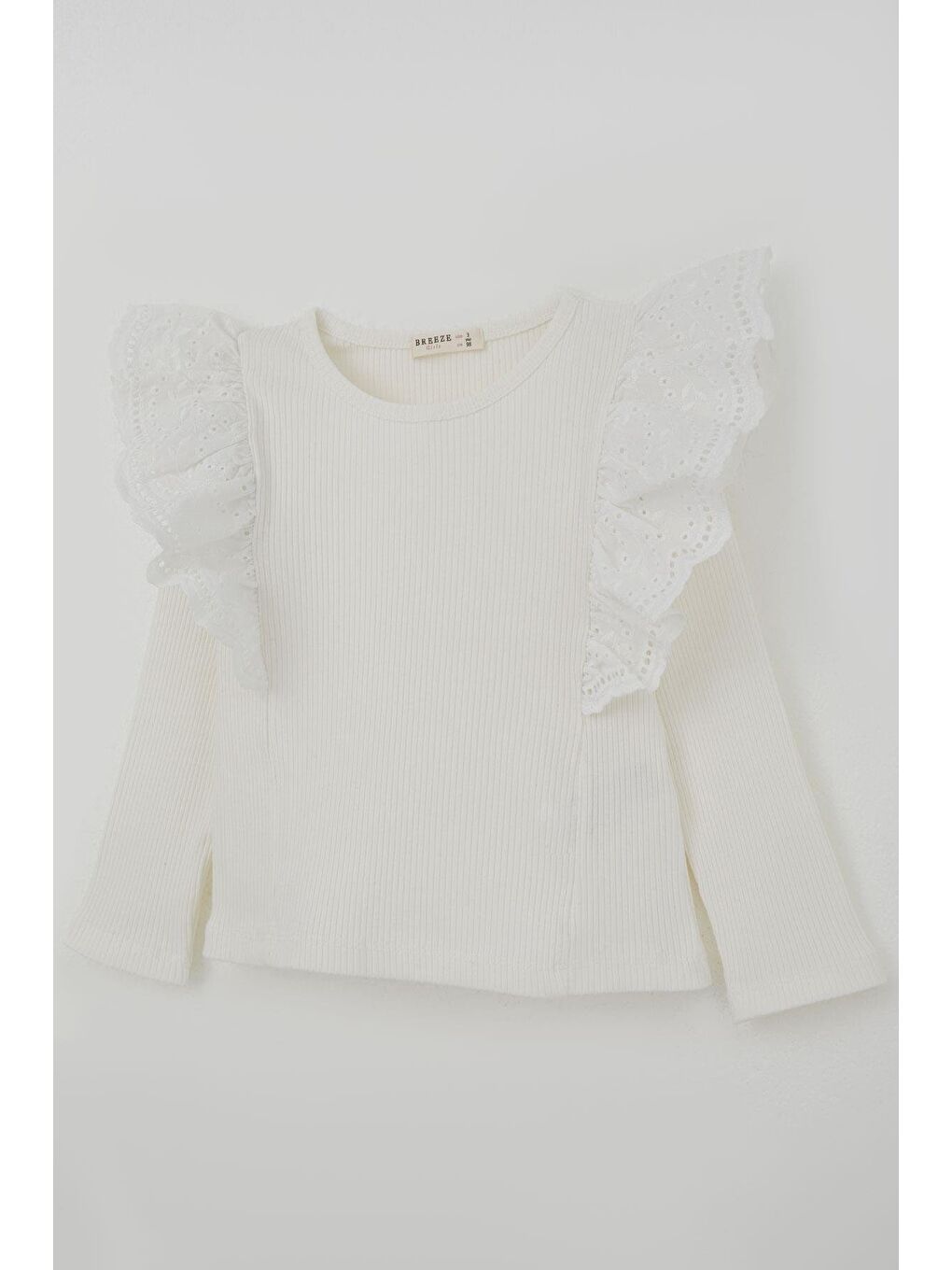Kız Çocuk Uzun Kollu Tişört Omuzu Çiçek Nakışlı Güpür Detaylı Ekru (3-6 Yaş)-5