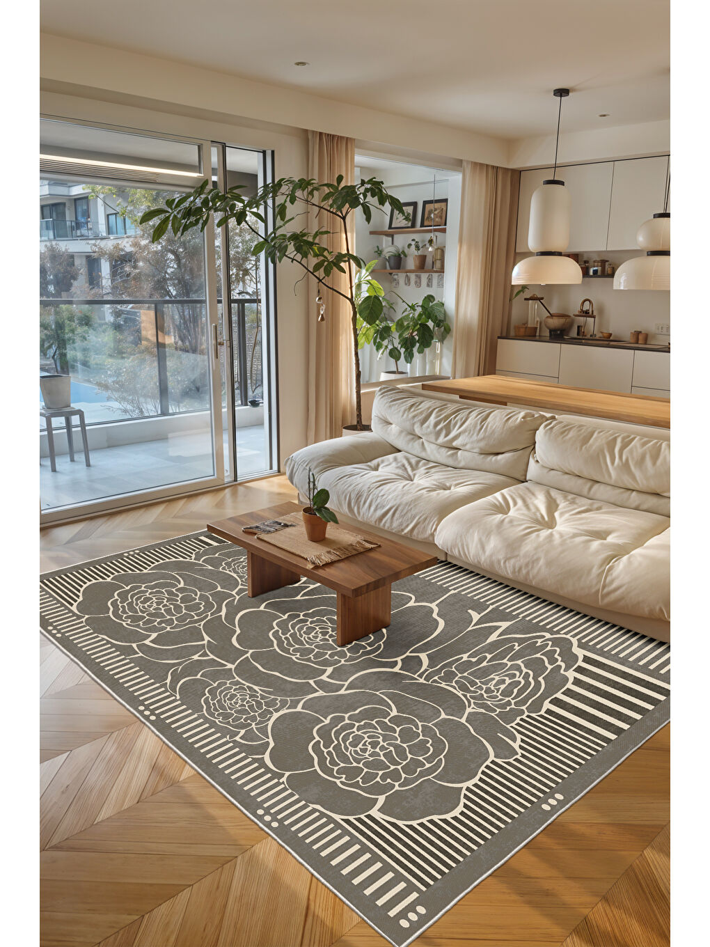 Kahverengi Dekoratif Salon Halısı, Makinada Yıkanabilir, Kaymaz Taban, İnce & Modern Tasarım-2