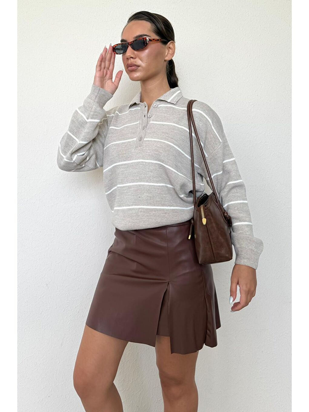 Bej Çizgili Polo Yaka Kadın Triko Kazak Mg2470-8