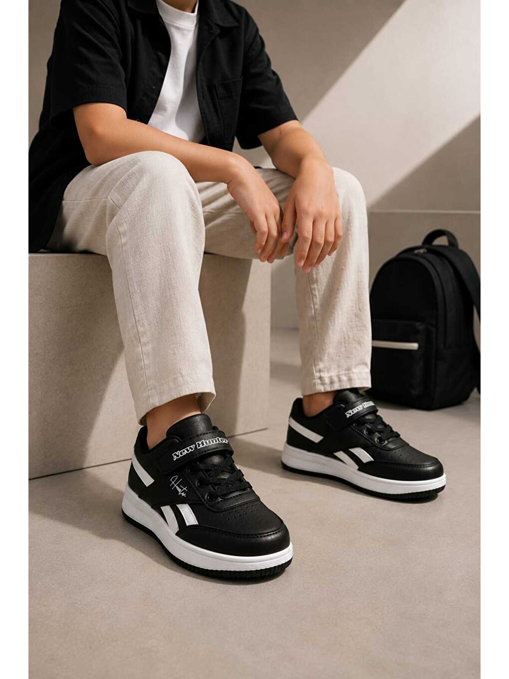 Siyah Çocuk Günlük Spor Ayakkabı Okul-günlük Cırt Cırtlı Rahat Sneaker Hafif Kaymaz Taban-4
