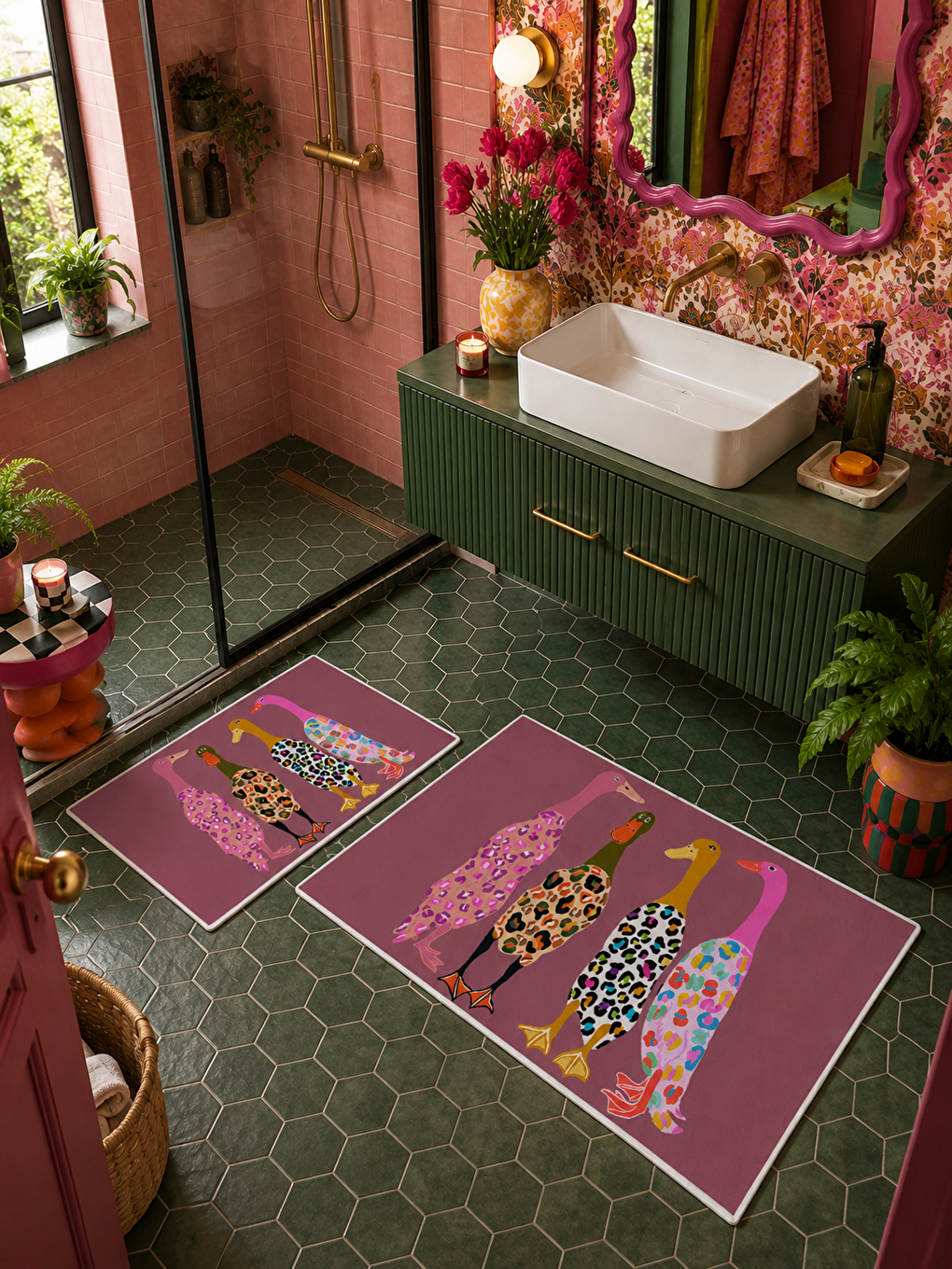 Pembe Leopar Kadın Figürlü Kaymaz Taban Banyo Paspası 2’li Set Dekoratif Banyo Halısı-5