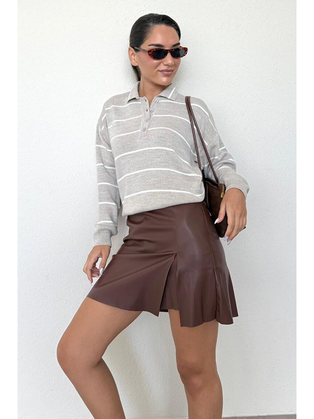 Bej Çizgili Polo Yaka Kadın Triko Kazak Mg2470-9