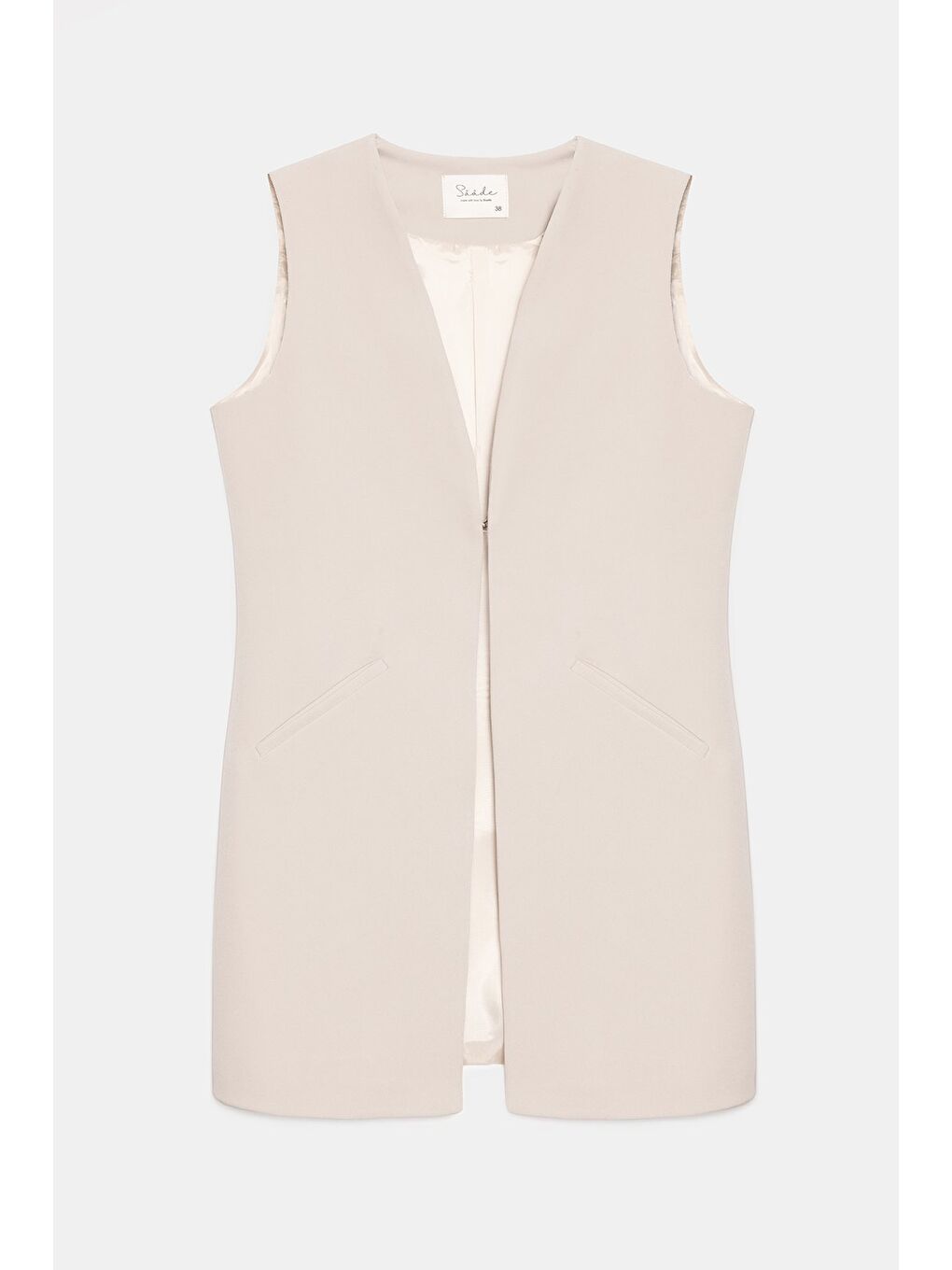 Bej Taş Kadın V Yaka Agraf Kapama Rahat Kesim Cepli Dokuma Uzun Yelek