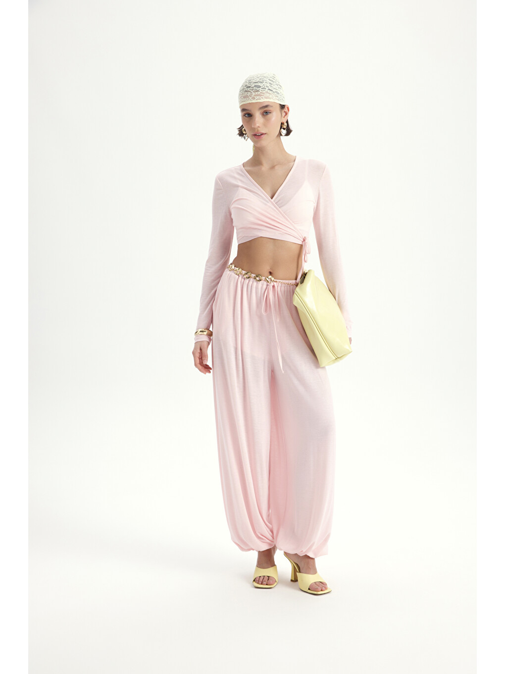 Vena Bağlamalı Pembe Crop Şalvar Pantolon Takım-1