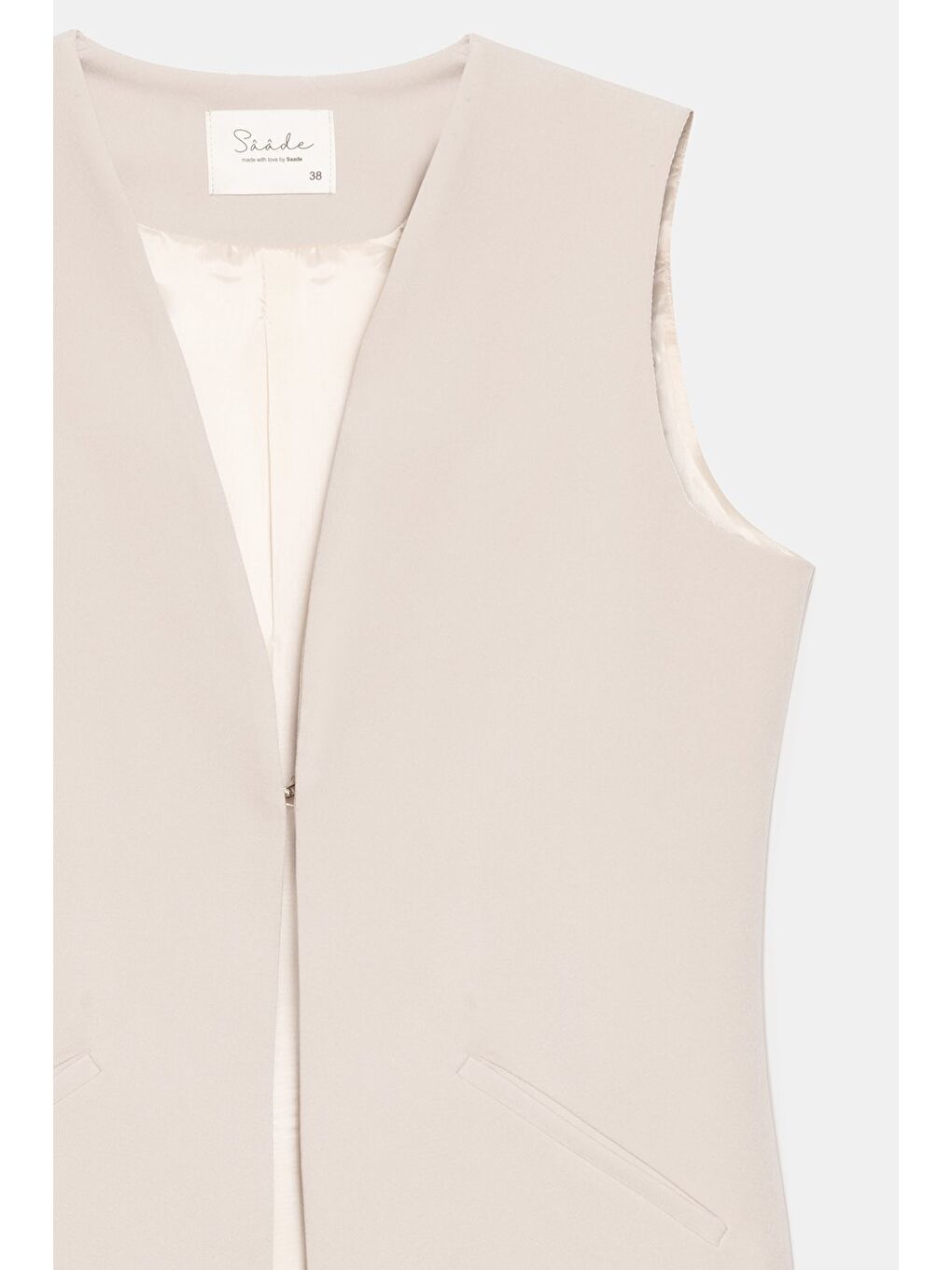 Bej Taş Kadın V Yaka Agraf Kapama Rahat Kesim Cepli Dokuma Uzun Yelek-1