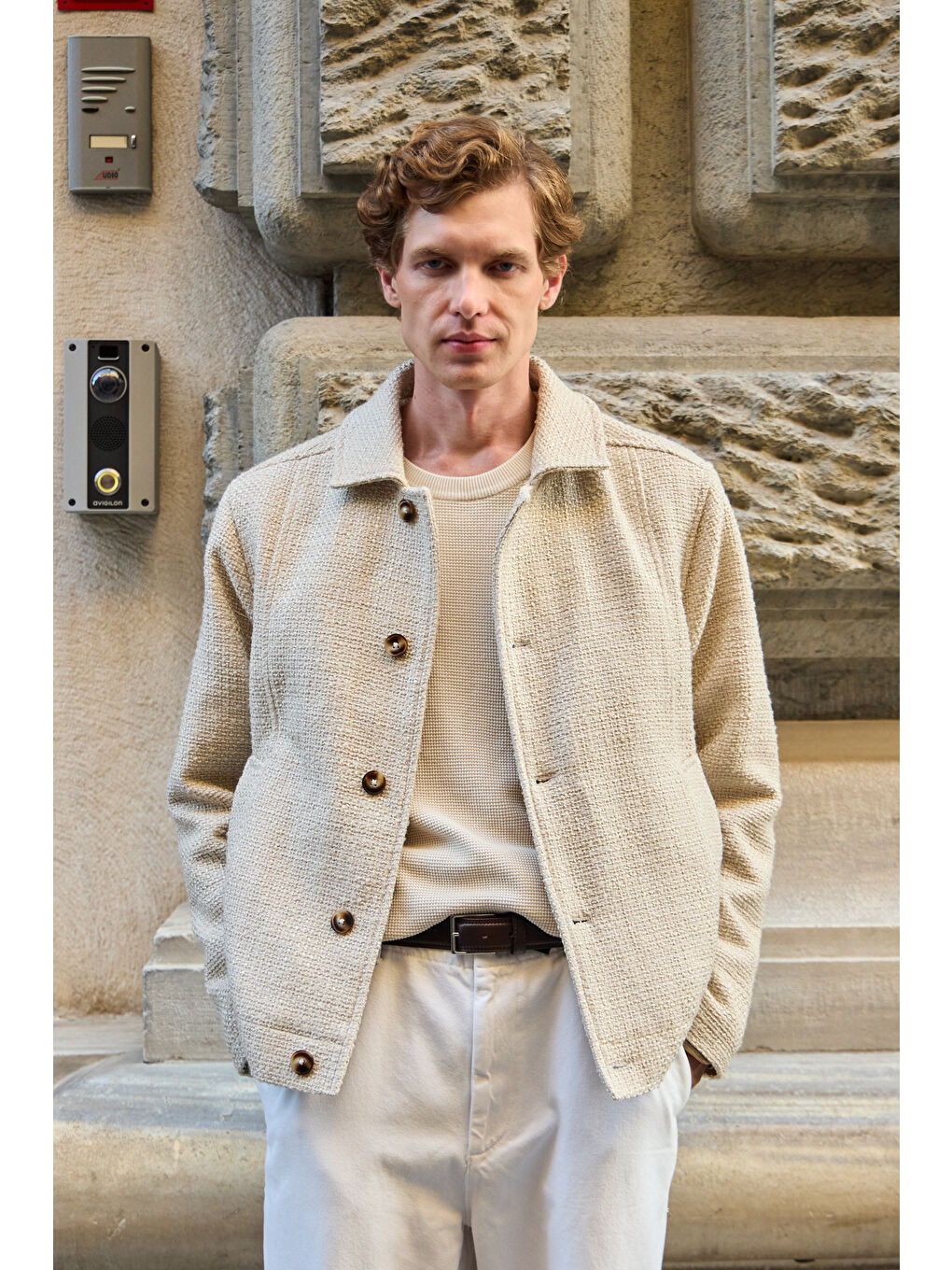 Erkek Tasarım Kumaş Teknik Mont Ceket Ekru