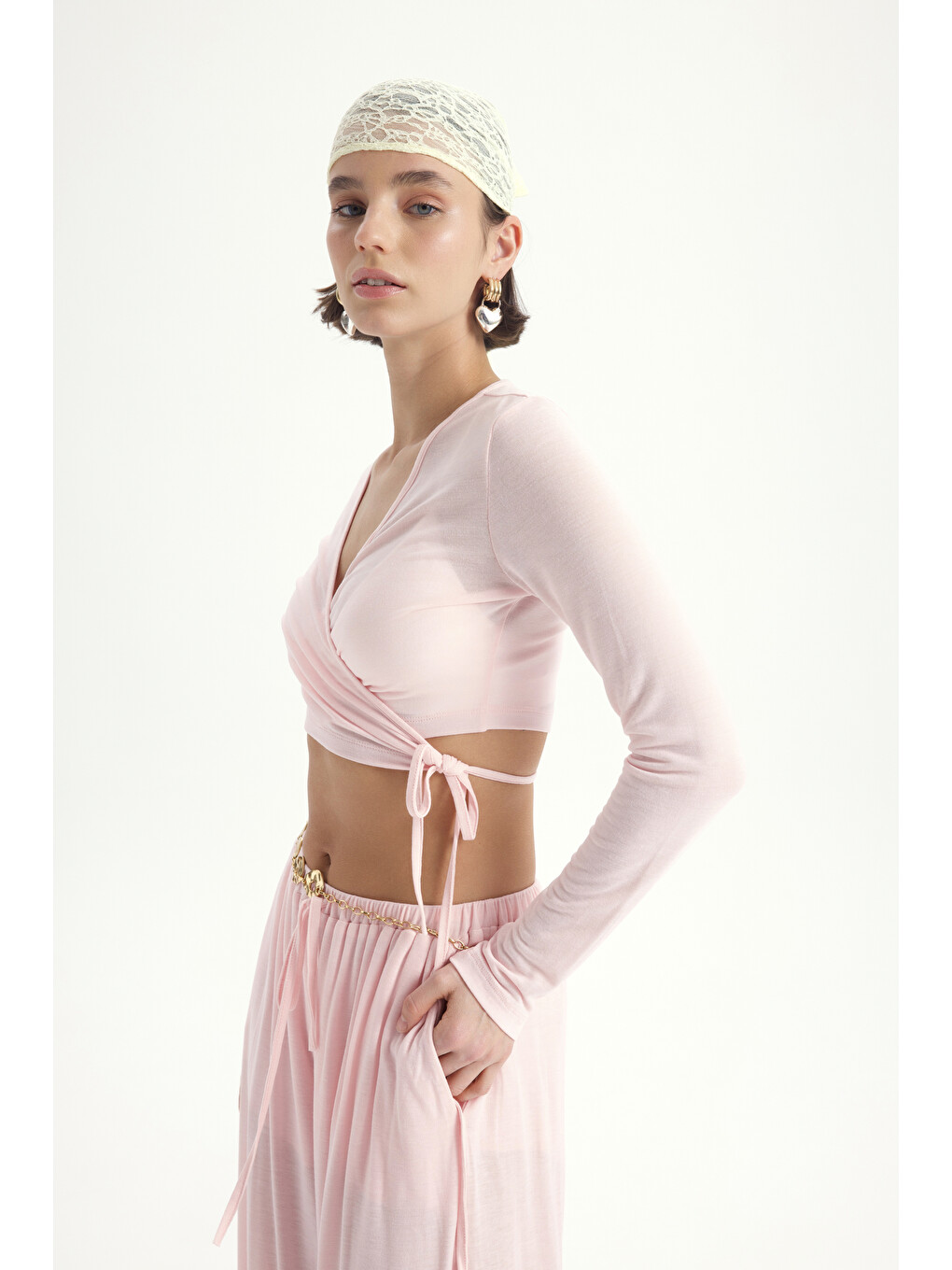 Vena Bağlamalı Pembe Crop Şalvar Pantolon Takım-2