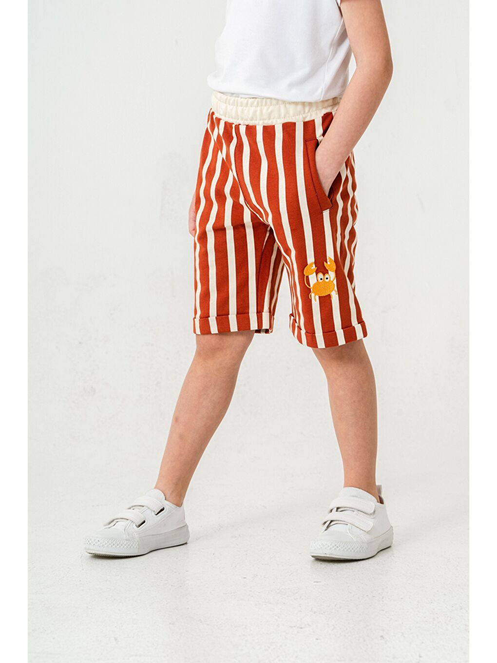 Kahverengi Tüm Alan Çizgili Yengeç Baskılı Erkek Çocuk Şort-1